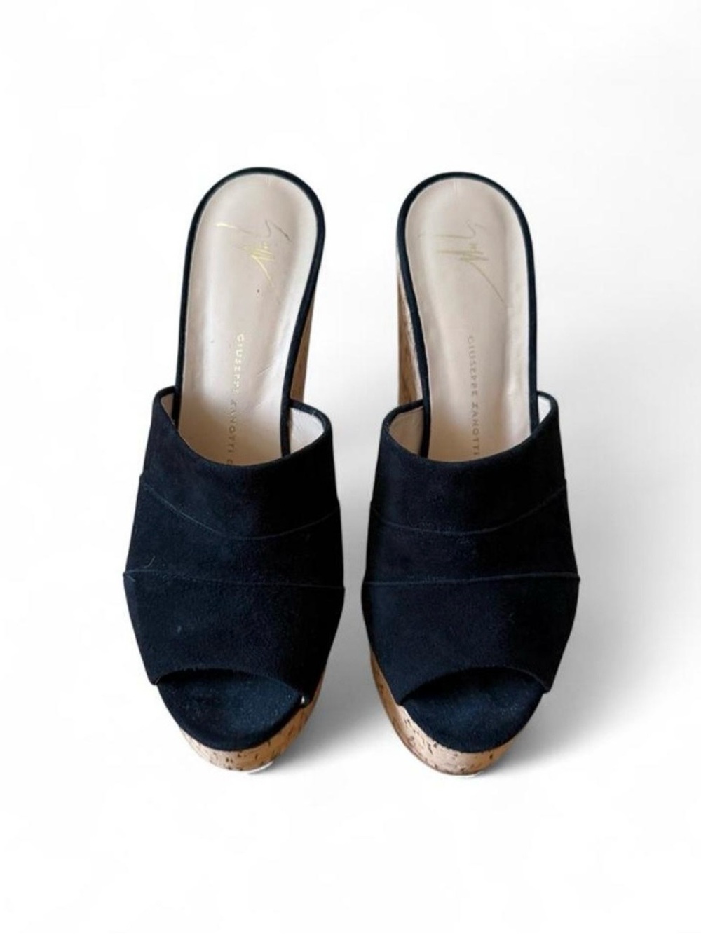 Giuseppe Zanotti Black Suede Cork Platform Wedge Slide Sandals EU 38.5